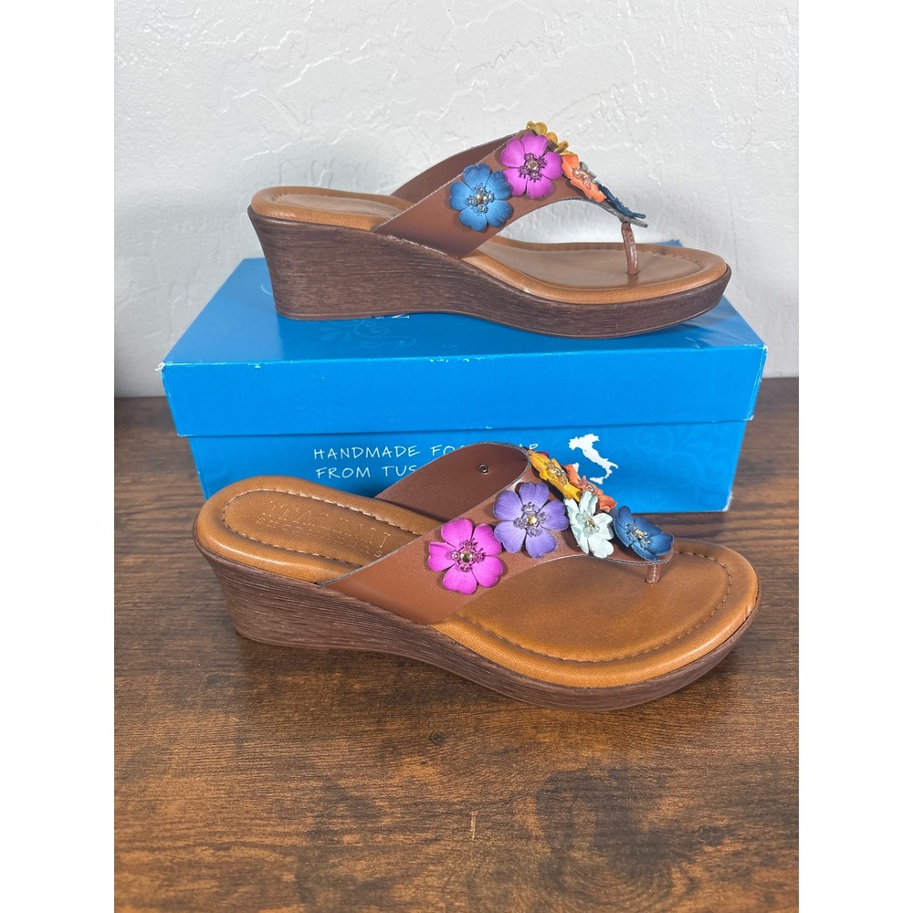 Italian Shoemakers Brynne Wedge Sandals Bright Multi Floral Thong Slides Size 8